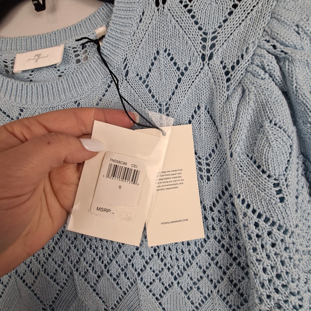7 For All Mankind Womens Light Blue Pointelle Knit Puff Sleeve Sweater‎ Small - Picture 7 of 8